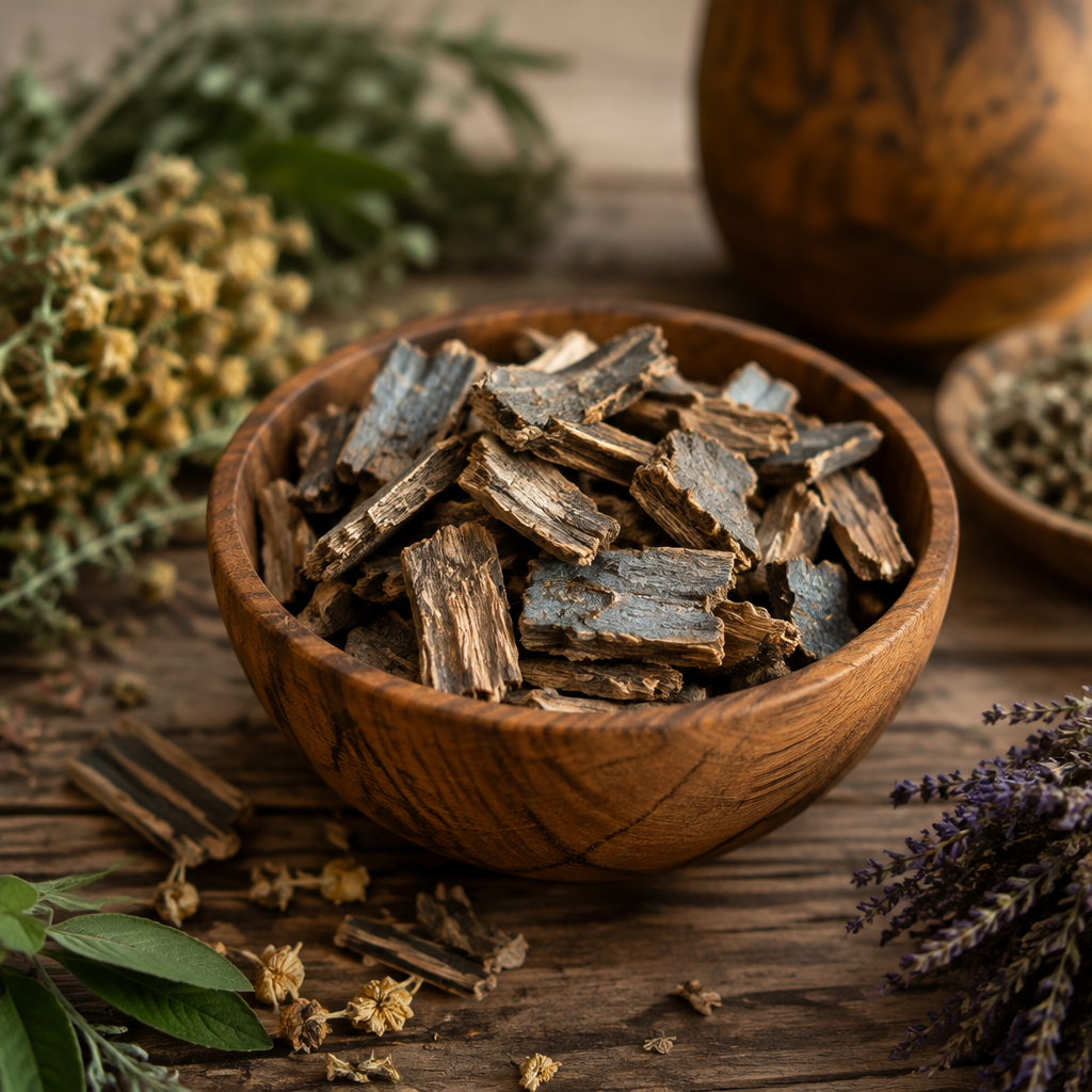 Palo Azul bark pieces in wooden bowl with dried botanicals