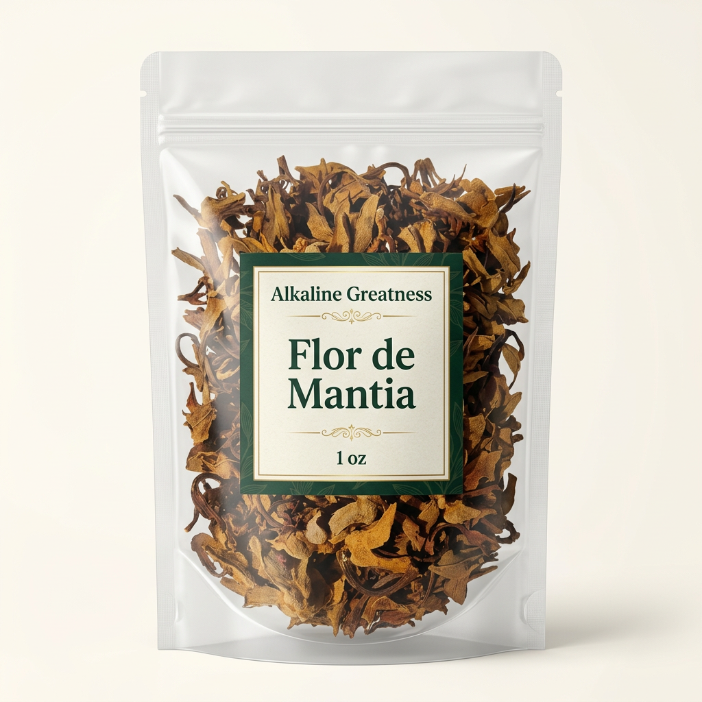 Packaging mockup of Alkaline Greatness Flor de Mantia in a clear pouch labeled 1 oz
